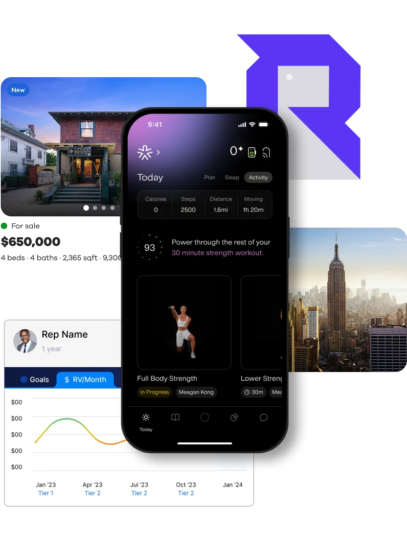 Apps built by Rapptr: a real estate listing, a fitness tracker on mobile, and a sales performance dashboard.