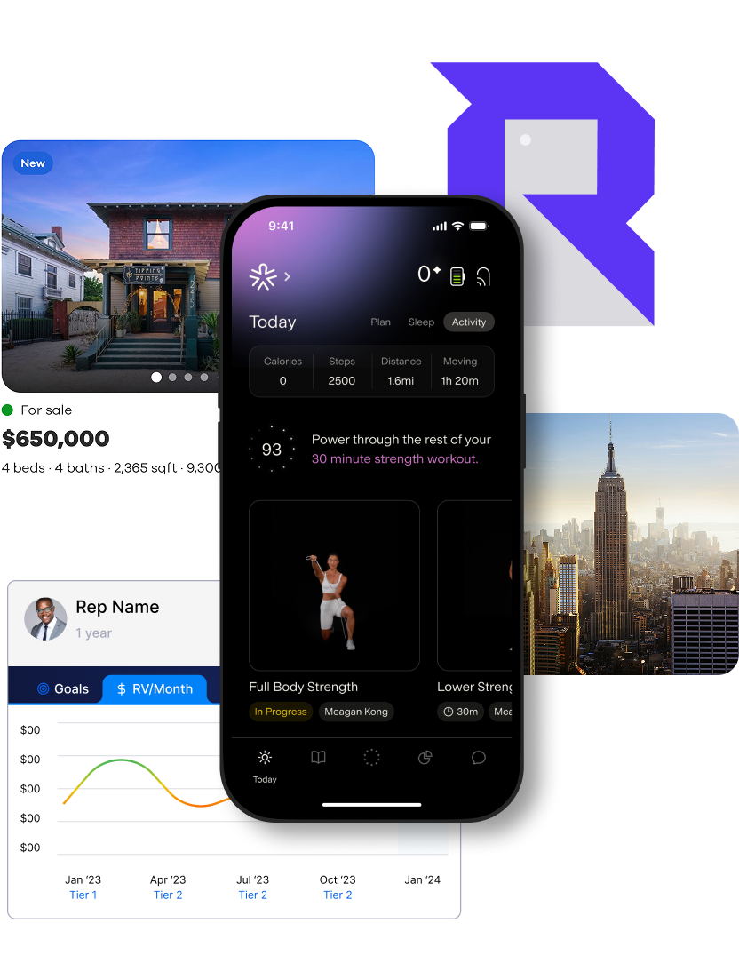 Apps built by Rapptr: a real estate listing, a fitness tracker on mobile, and a sales performance dashboard.